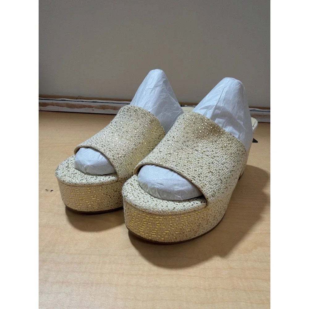 Jessica Simpson Gold Metallic Woven Platform Slide Sandals Block Heel Mules